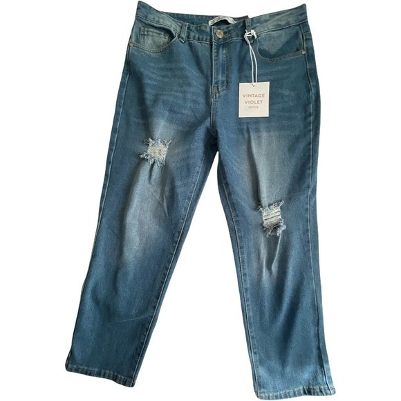 🌹Women’s Jeans VINTAGE VIOLET Petite ripped mom jeans in mid blue Size 14P - Picture 1 of 12